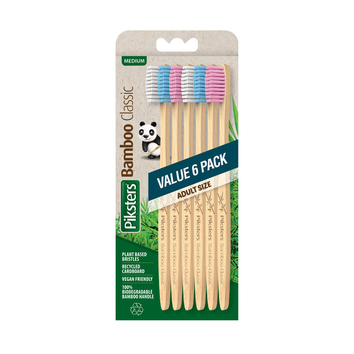 Piksters Bamboo Adult Medium Toothbrush Value 6 Pack