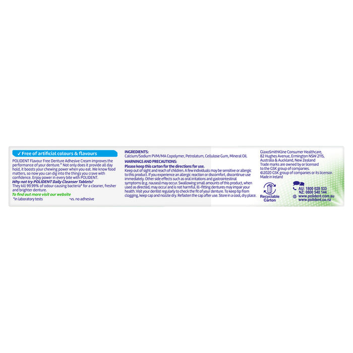 Polident Denture Adhesive Cream 60g Flavour Free