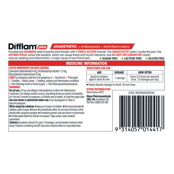 Difflam PLUS ANAESTHETIC Sore Throat Lozenges - Pineapple & Lime 16