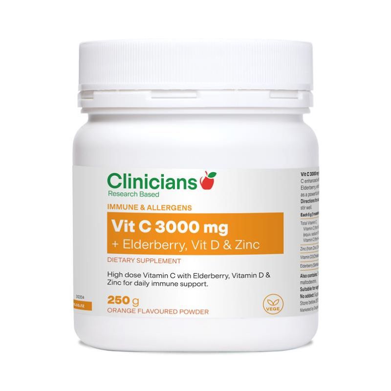 Clinicians Vit C 3,000mg + Elderberry, Vit D & Zinc 250g Powder