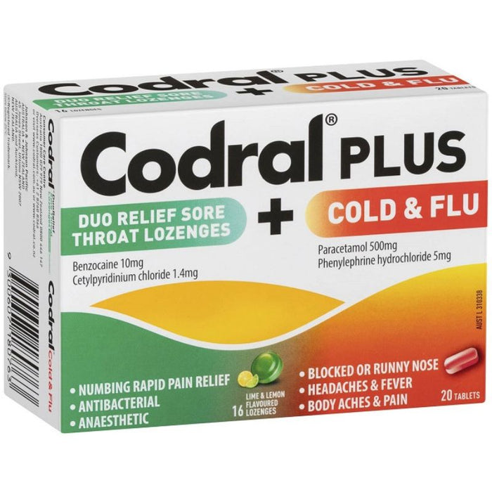 Codral PLUS Duo Relief Sore Throat Lozenges 16 + Cold & Flu Tablets 20