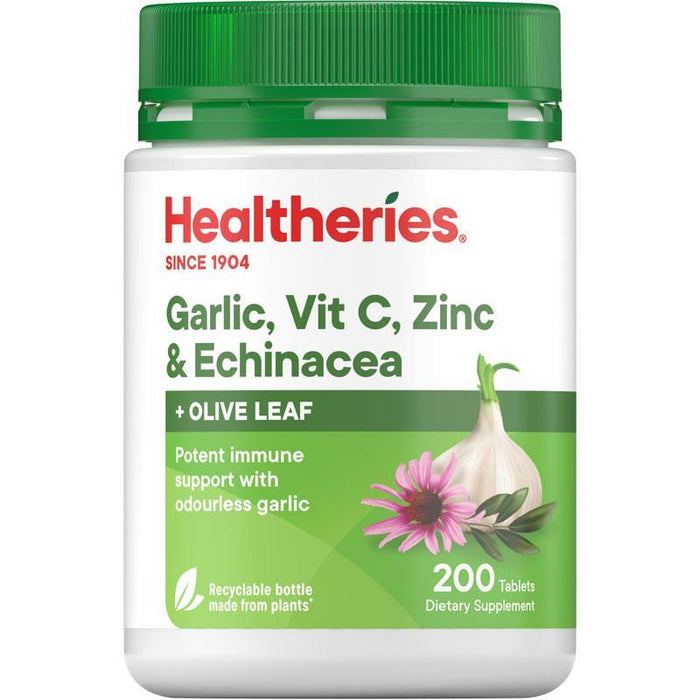 Healtheries Garlic, Vit C, Zinc & Echinacea + Olive Leaf Tablets 200