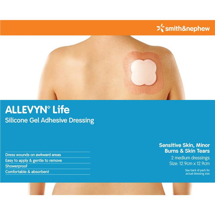 Smith & Nephew ALLEVYN Life Silicone Gel Adhesive Dressing :12.9cm x 12.9cm - 2 Medium Dressings