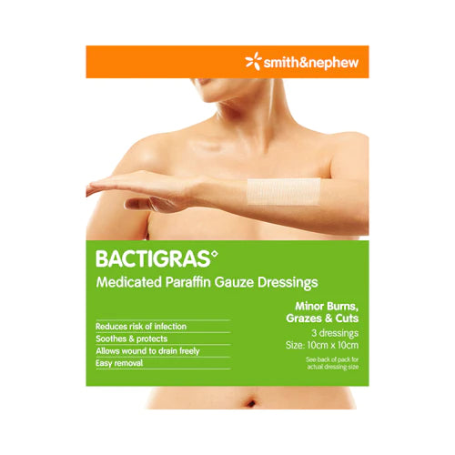 Smith & Nephew BACTIGRAS Medicated Paraffin Gauze Dressings 10x10cm - 3 Pack
