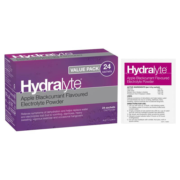 Hydralyte Electrolyte Apple Blackcurrant Sachets Value Pack 4.9g x 24