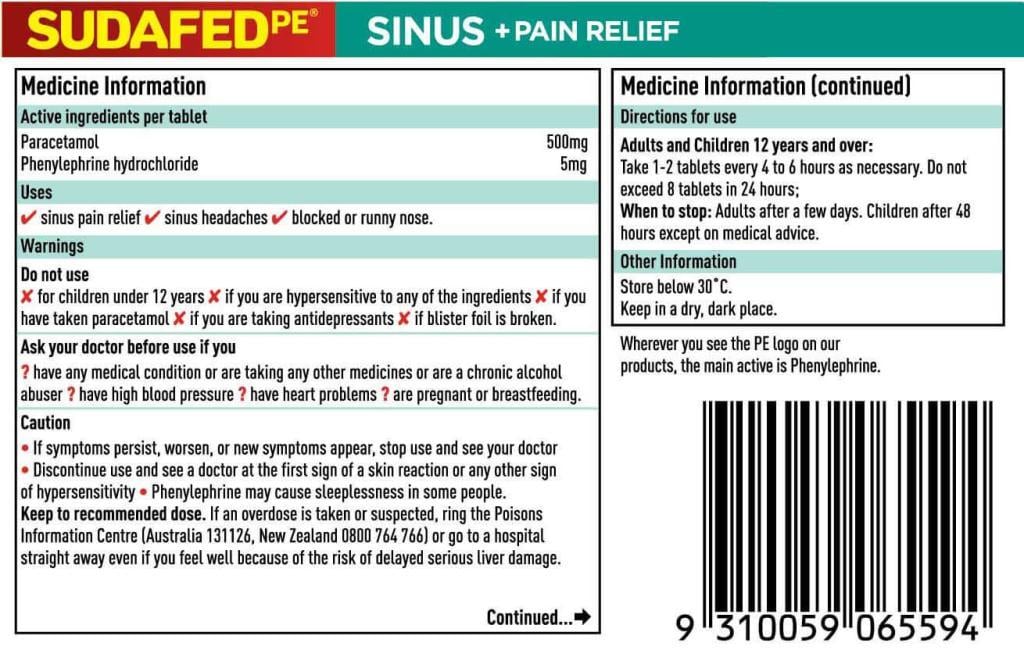 Sudafed PE Sinus + Pain Relief Tablets 20