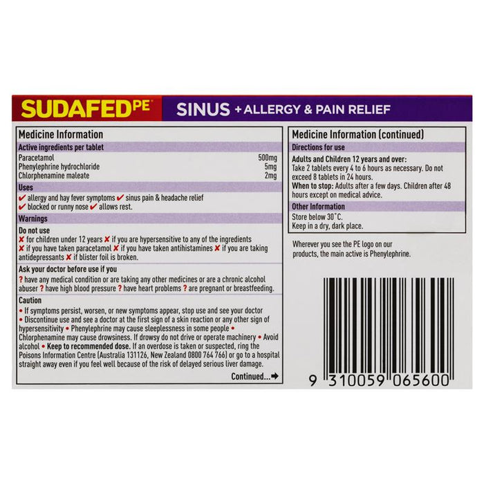 Sudafed PE Sinus + Allergy & Pain Relief tablets 24