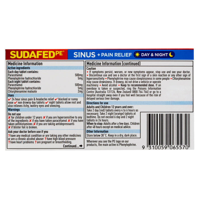 Sudafed PE Sinus + Pain Relief Day & Night Tablets 24