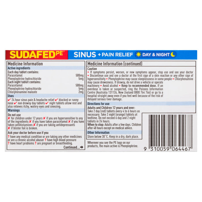 Sudafed PE Sinus + Pain Relief Day & Night Tablets 48