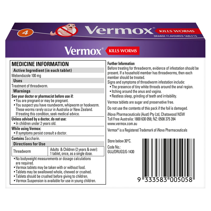Vermox Tablets 4 - Orange Flavoured