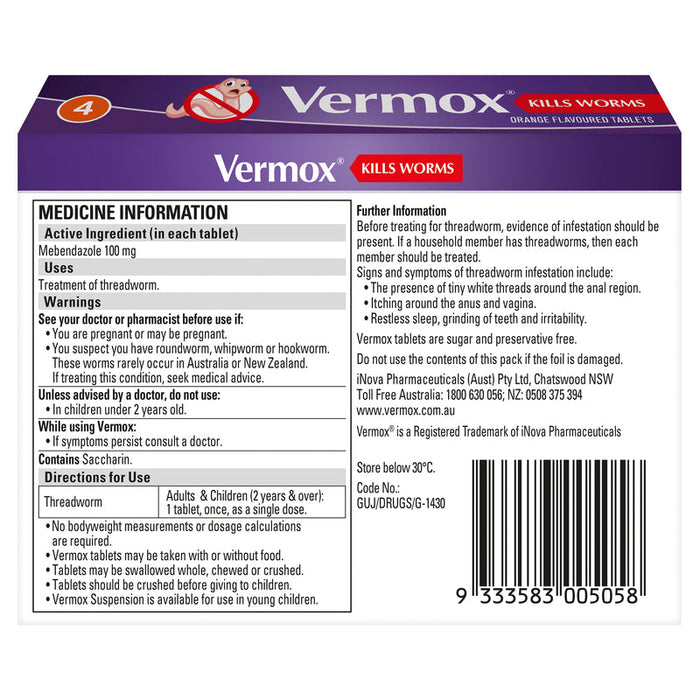 Vermox Tablets 4 - Orange Flavoured