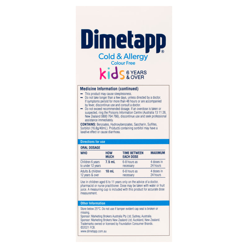 Dimetapp Cold & Allergy Kids Liquid 200ml - Colour Free