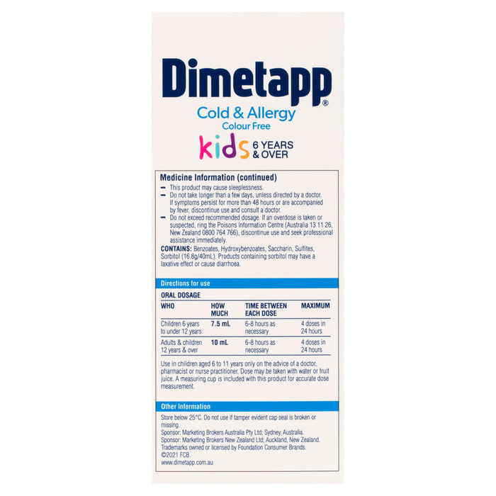 Dimetapp Cold & Allergy Kids Liquid 200ml - Colour Free