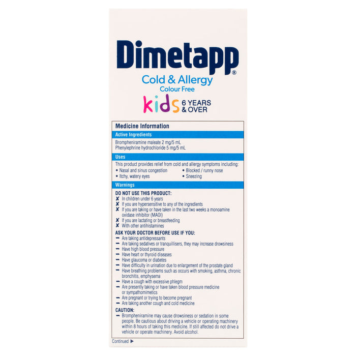 Dimetapp Cold & Allergy Kids Liquid 200ml - Colour Free