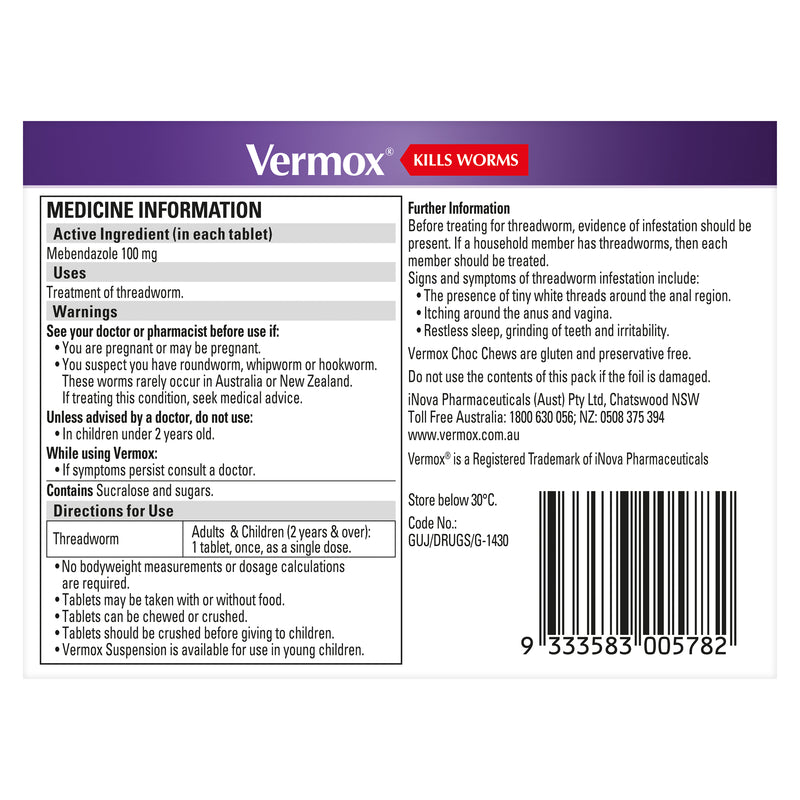 Vermox Choc Chew Tablets 4 - Chocolate Flavoured