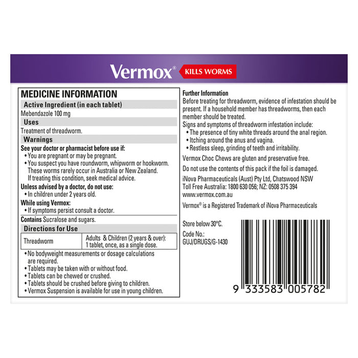 Vermox Choc Chew Tablets 4 - Chocolate Flavoured