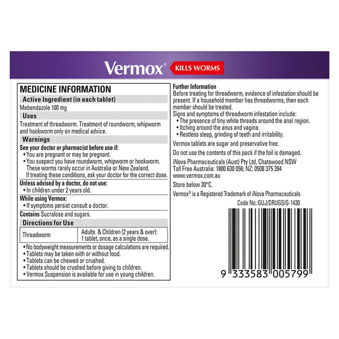 Vermox Choc Chew Tablets 6 - Chocolate Flavoured