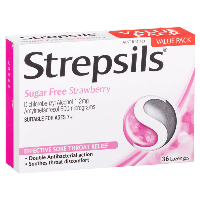 Strepsils Sugar Free Strawberry Sore Throat Lozenges 36