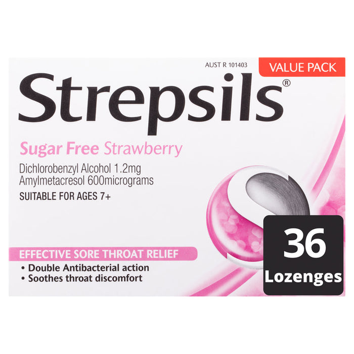 Strepsils Sugar Free Strawberry Sore Throat Lozenges 36