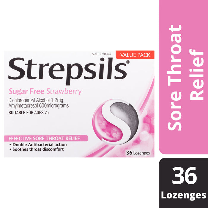 Strepsils Sugar Free Strawberry Sore Throat Lozenges 36