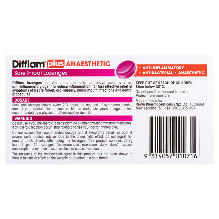 Difflam PLUS ANAESTHETIC + Antibacterial + Anti-Inflammatory Lozenges 16 - Wild Berry