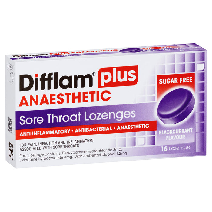 Difflam PLUS ANAESTHETIC + Antibacterial + Anti-Inflammatory Lozenges 16 - Blackcurrant