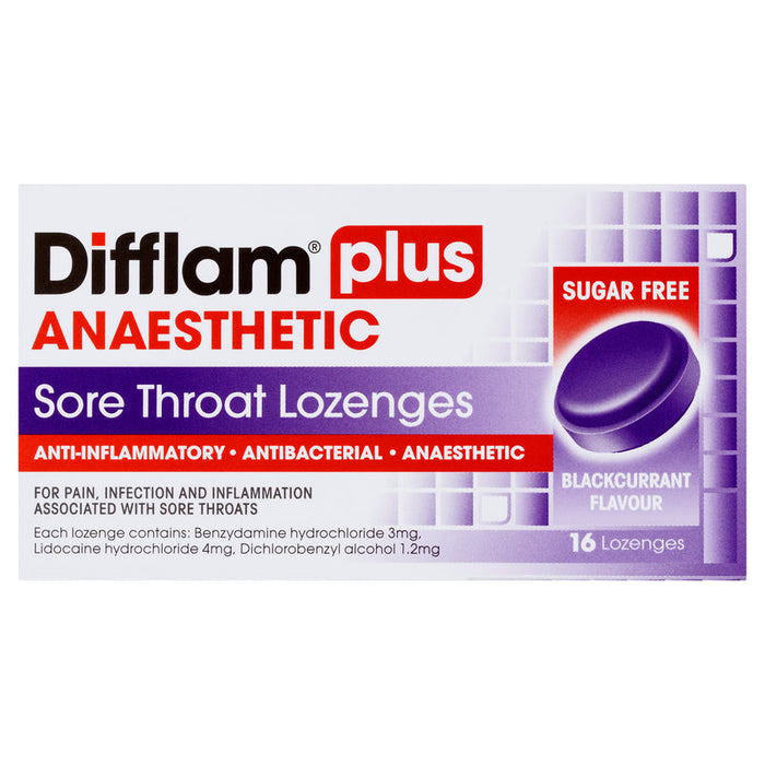 Difflam PLUS ANAESTHETIC + Antibacterial + Anti-Inflammatory Lozenges 16 - Blackcurrant