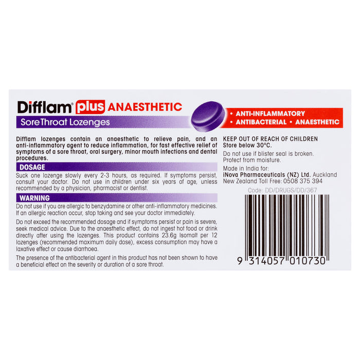 Difflam PLUS ANAESTHETIC + Antibacterial + Anti-Inflammatory Lozenges 16 - Blackcurrant