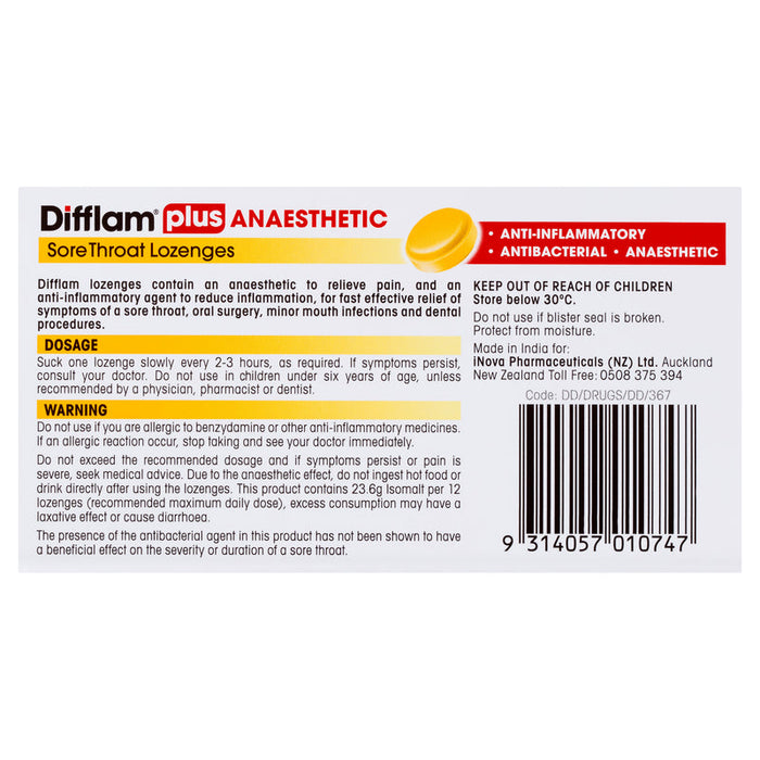 Difflam PLUS ANAESTHETIC Sore Throat Lozenges - Honey & Lemon 16