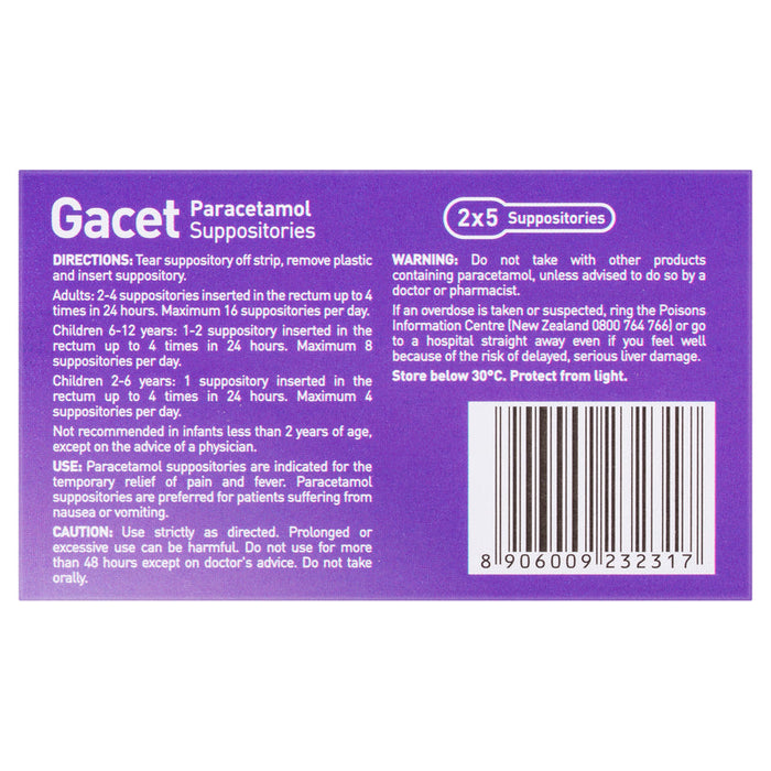 Gacet Paracetamol Suppositories 250mg 10pk