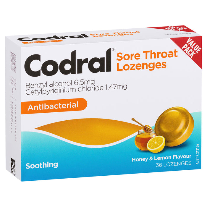 Codral Sore Throat Lozenges Antibacterial 36 - Honey & Lemon