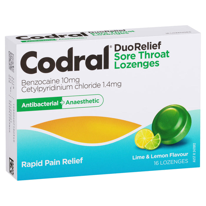 Codral Duo Relief Sore Throat Lozenges Antibacterial + Anaesthetic 16 - Lime & Lemon