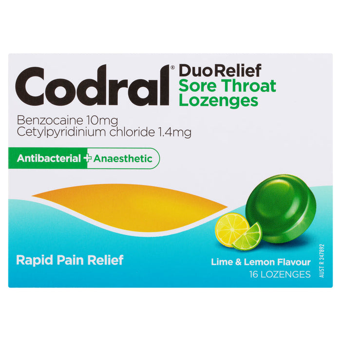 Codral Duo Relief Sore Throat Lozenges Antibacterial + Anaesthetic 16 - Lime & Lemon