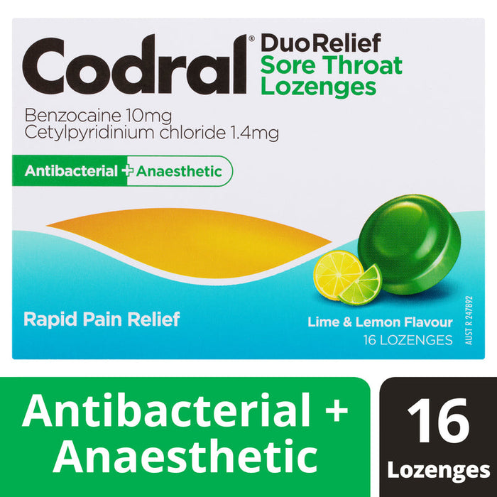 Codral Duo Relief Sore Throat Lozenges Antibacterial + Anaesthetic 16 - Lime & Lemon