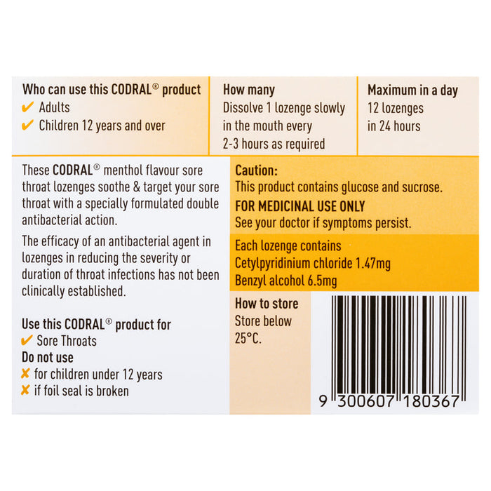 Codral Sore Throat Lozenges Antibacterial 16 - Soothing + Menthol