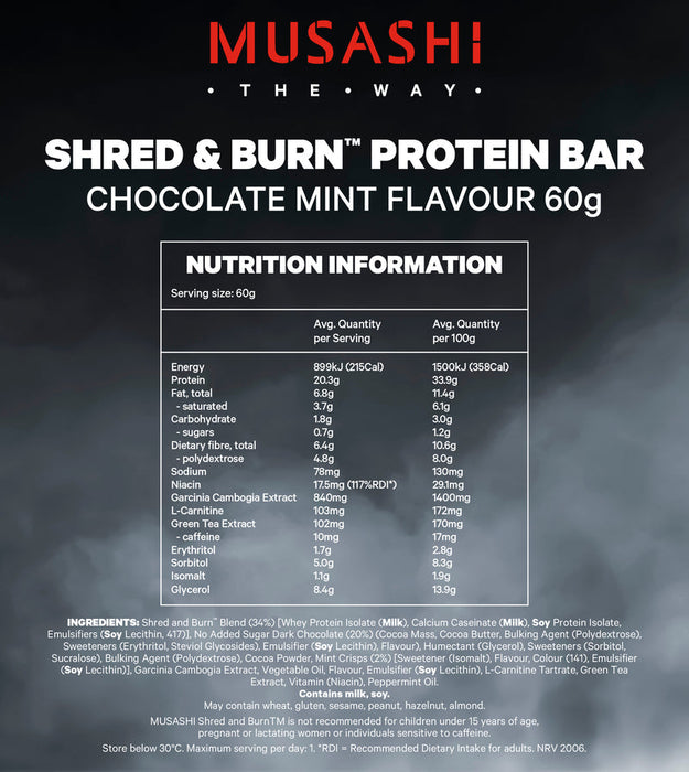 Musashi Shred & Burn Protein Bars 12 x 60g - Chocolate Mint