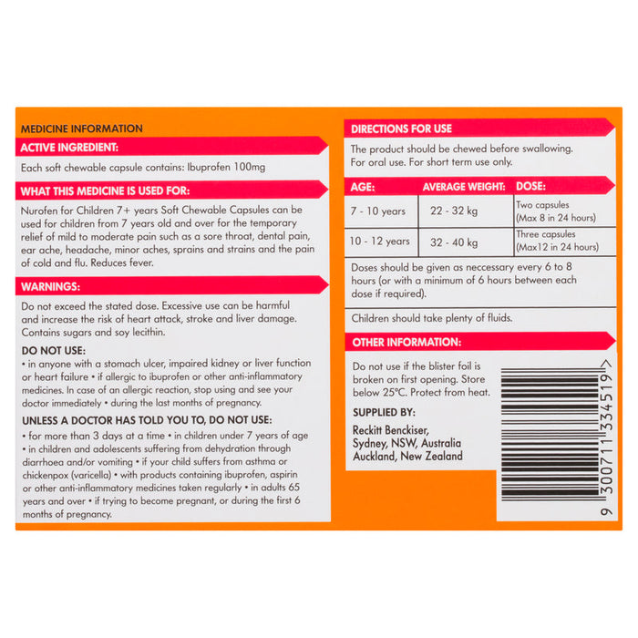 Nurofen For Children 7+ Chewable Capsules 12 - Orange Flavour