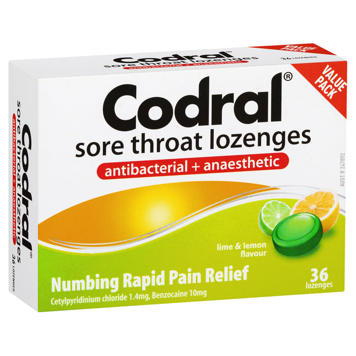 Codral Duo Relief Sore Throat Lozenges Antibacterial + Anaesthetic 36 - Lime & Lemon