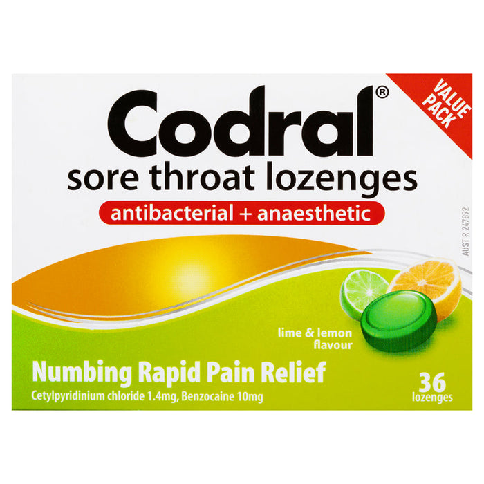 Codral Duo Relief Sore Throat Lozenges Antibacterial + Anaesthetic 36 - Lime & Lemon