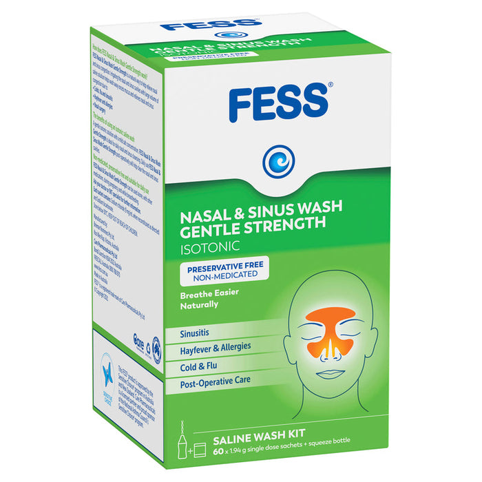 FESS Nasal & Sinus Wash Gentle Strength Saline Wash Kit-Bottle & 60 Sachets