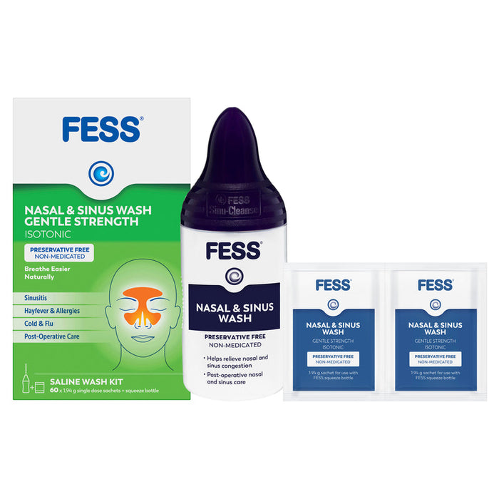 FESS Nasal & Sinus Wash Gentle Strength Saline Wash Kit-Bottle & 60 Sachets