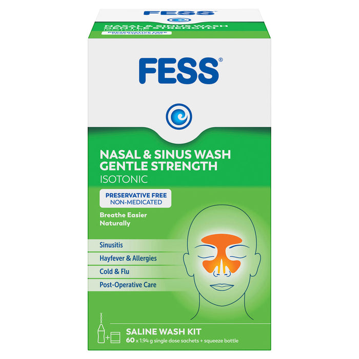 FESS Nasal & Sinus Wash Gentle Strength Saline Wash Kit-Bottle & 60 Sachets