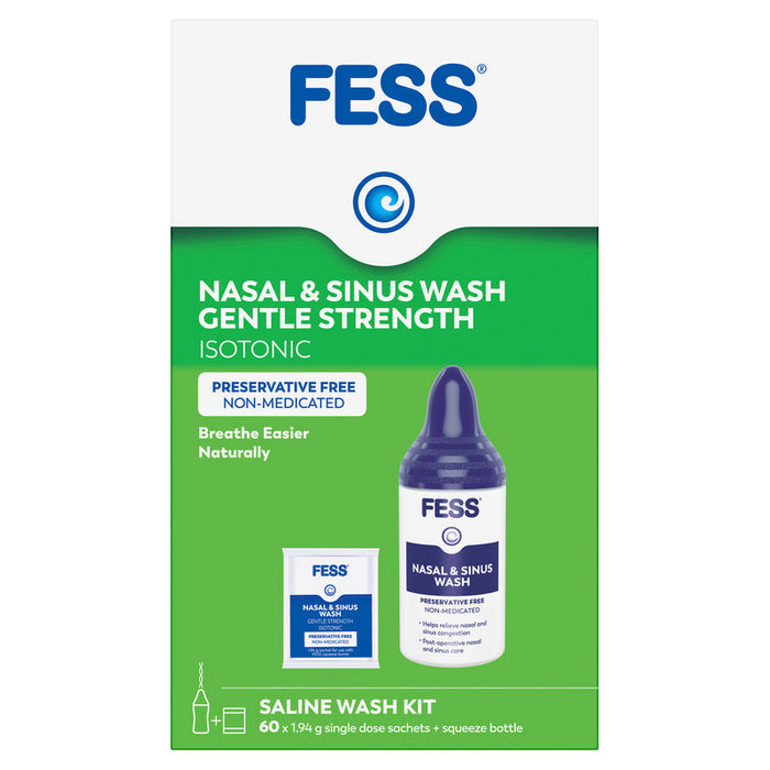 FESS Nasal & Sinus Wash Gentle Strength Saline Wash Kit-Bottle & 60 Sachets