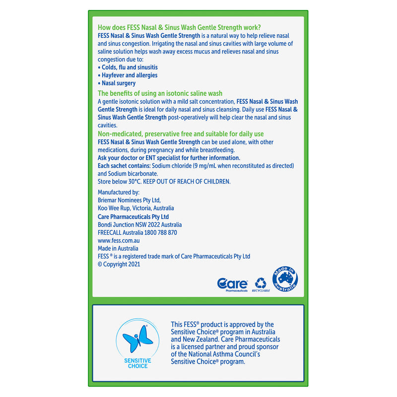 FESS Nasal & Sinus Wash Gentle Strength Saline Wash Kit-Bottle & 60 Sachets