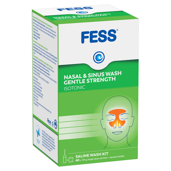 FESS Nasal & Sinus Wash Gentle Strength Saline Wash Kit-Bottle & 60 Sachets