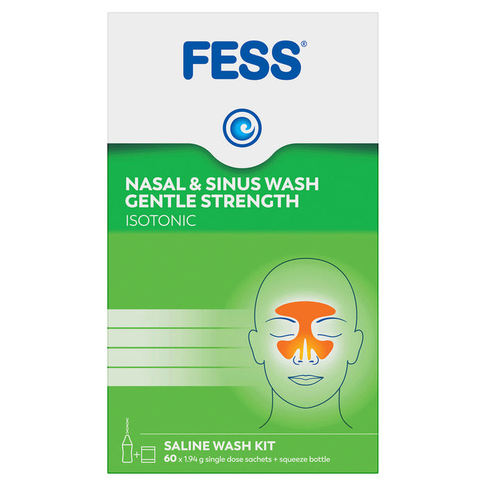 FESS Nasal & Sinus Wash Gentle Strength Saline Wash Kit-Bottle & 60 Sachets