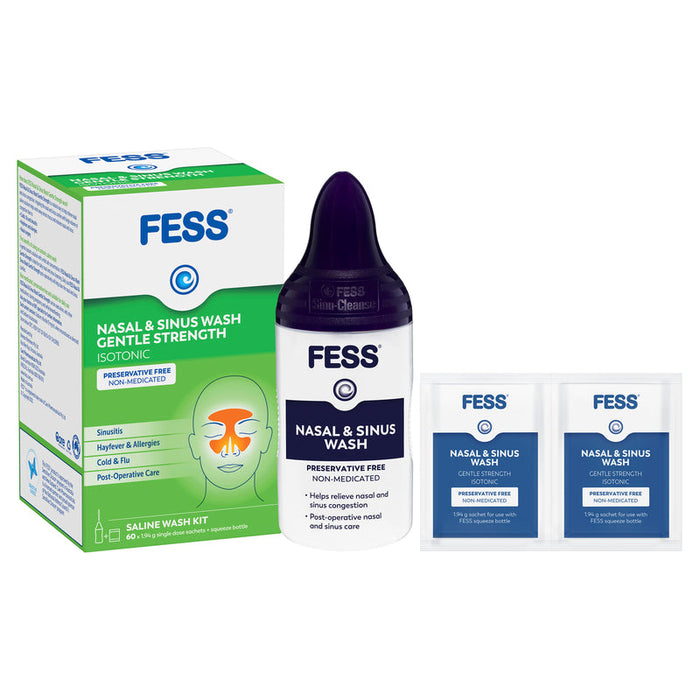 FESS Nasal & Sinus Wash Gentle Strength Saline Wash Kit-Bottle & 60 Sachets