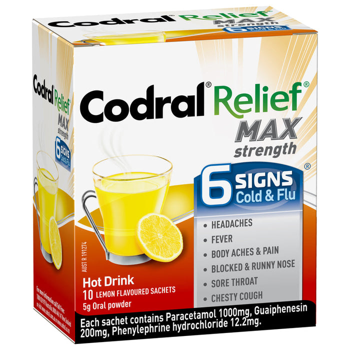 Codral Cold & Flu + Mucus Cough Max Strength Hot Drink -10 Sachets Lemon