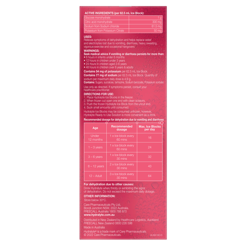 Hydralyte Electrolyte Ice Blocks Strawberry Kiwi 16 x 62.5ml