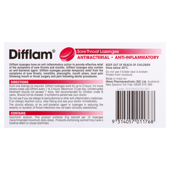 Difflam Anti-Inflammatory + Antibacterial Dual Action Lozenges 16 - Raspberry